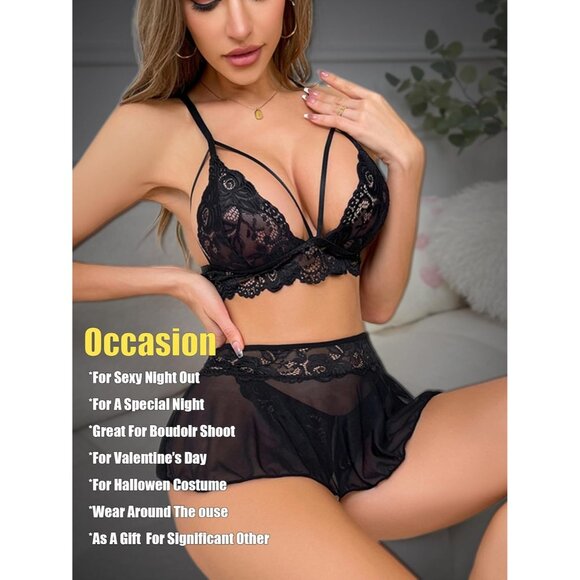Sexy Black Lingerie for Women 3 Piece Lace Bra Panty Set Strappy Lingerie Skirt - Picture 5 of 6